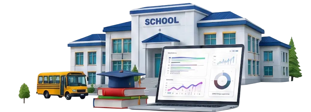 Illustration of a school building with a bus and financial growth chart