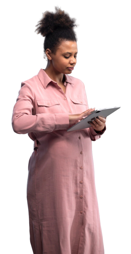 Woman using a tablet to manage her school on Elimu360